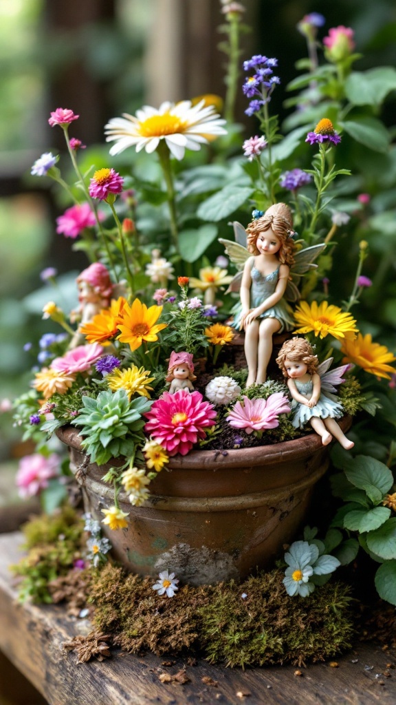 A lively fairy garden with colorful flowers and small fairy figurines in a pot.