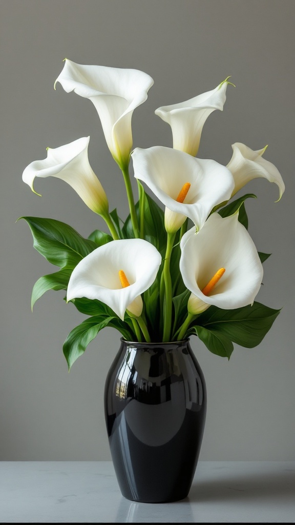 A beautiful arrangement of calla lilies in a black vase.