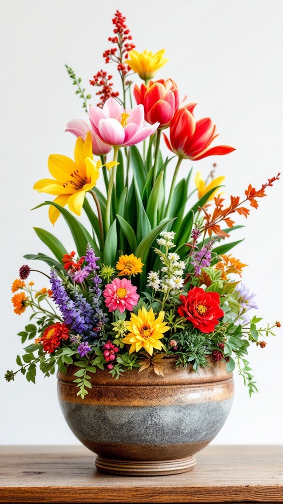 A vibrant arrangement of various flowers, including tulips, lilies and daisies, in a decorative pot.