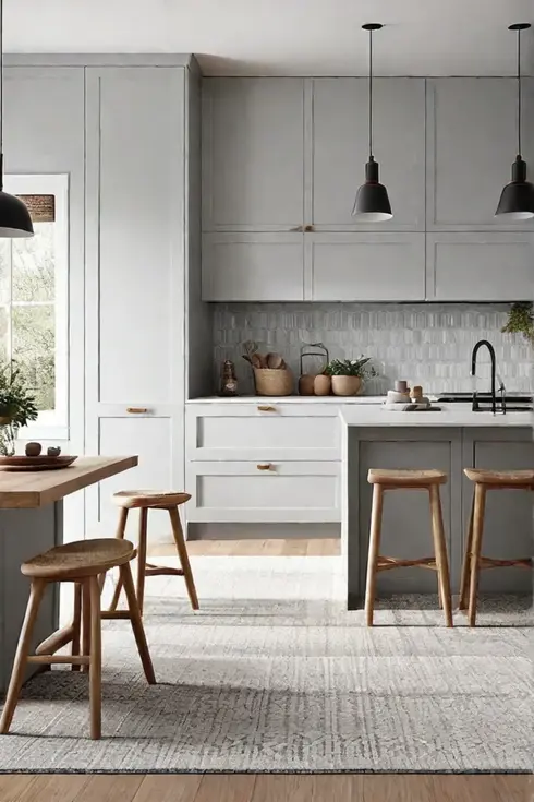 Light and airy kitchen design with wood and natural fiber accents