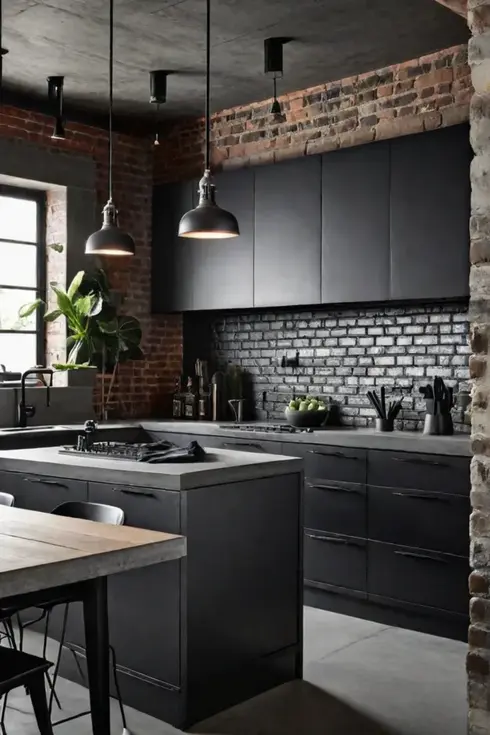 Unusual kitchen design with exposed brick and metal accents