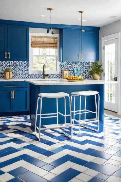 Playful kitchen design with a patterned kitchen back wall and colorful accents