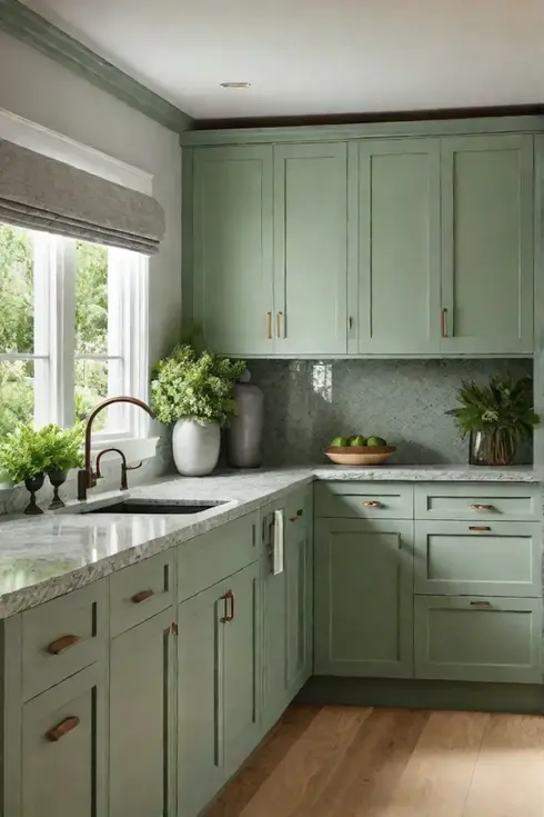 Calm kitchen with green cabinets and gray countertops