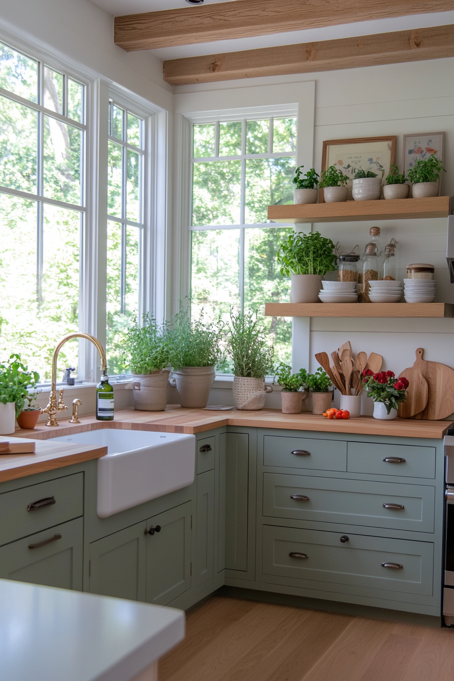 Duck egg blue cabinets with light wood countertops and open shelving