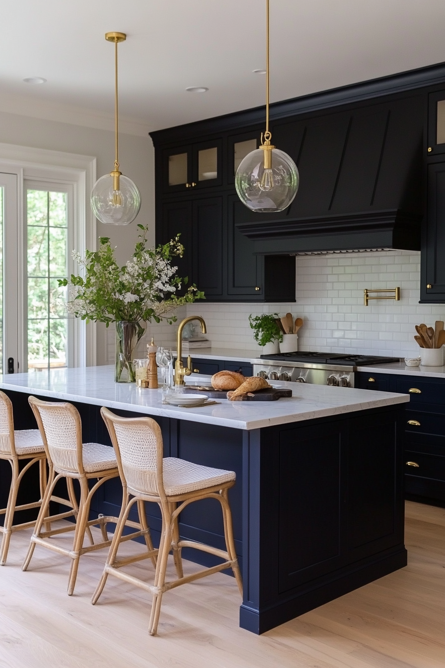 Navy blue cabinets with brass hardware and marble countertops