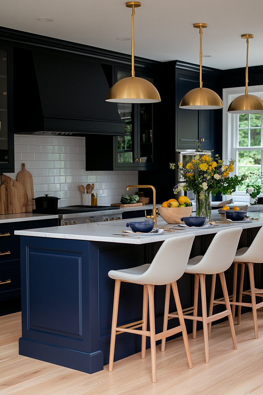 Navy blue cabinets with brass hardware and marble countertops