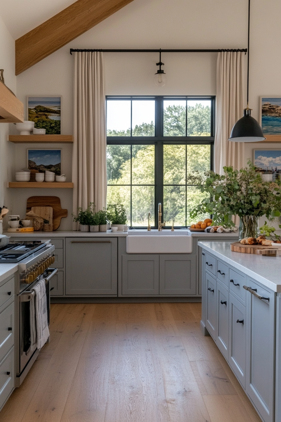 Sky blue cabinets with white countertops and a white backsplash