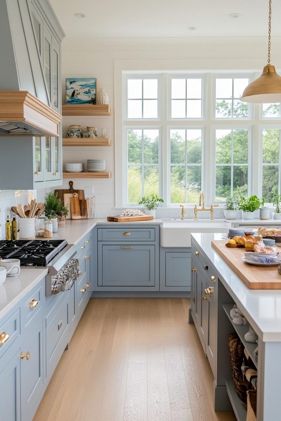 Sky blue cabinets with white countertops and a white backsplash