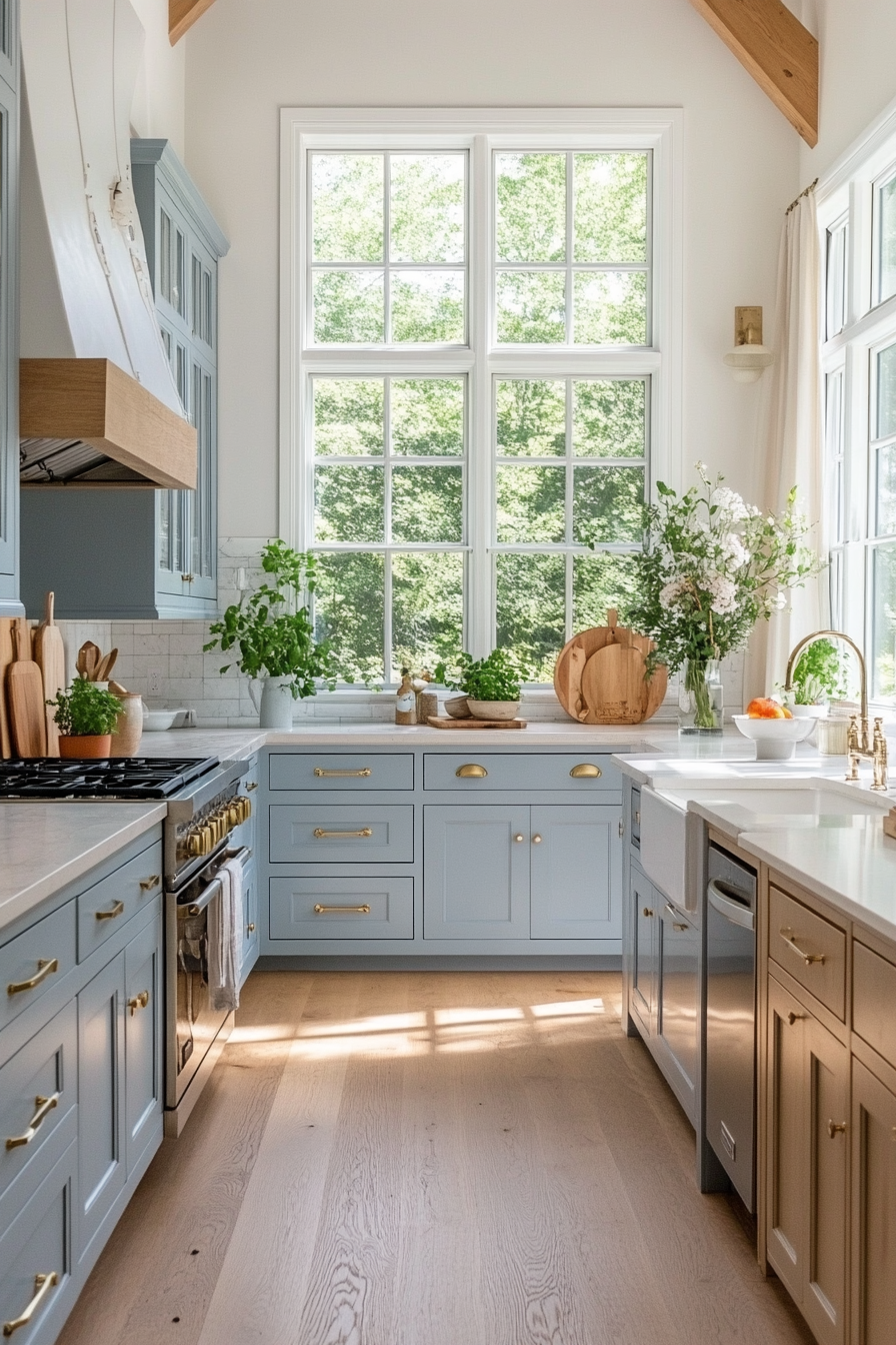 Powder blue cabinets with white countertops and a <a href=