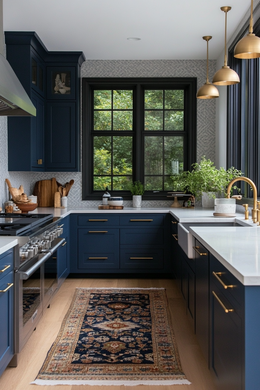 Two-tone blue cabinets with navy base cabinets and sky blue upper cabinets