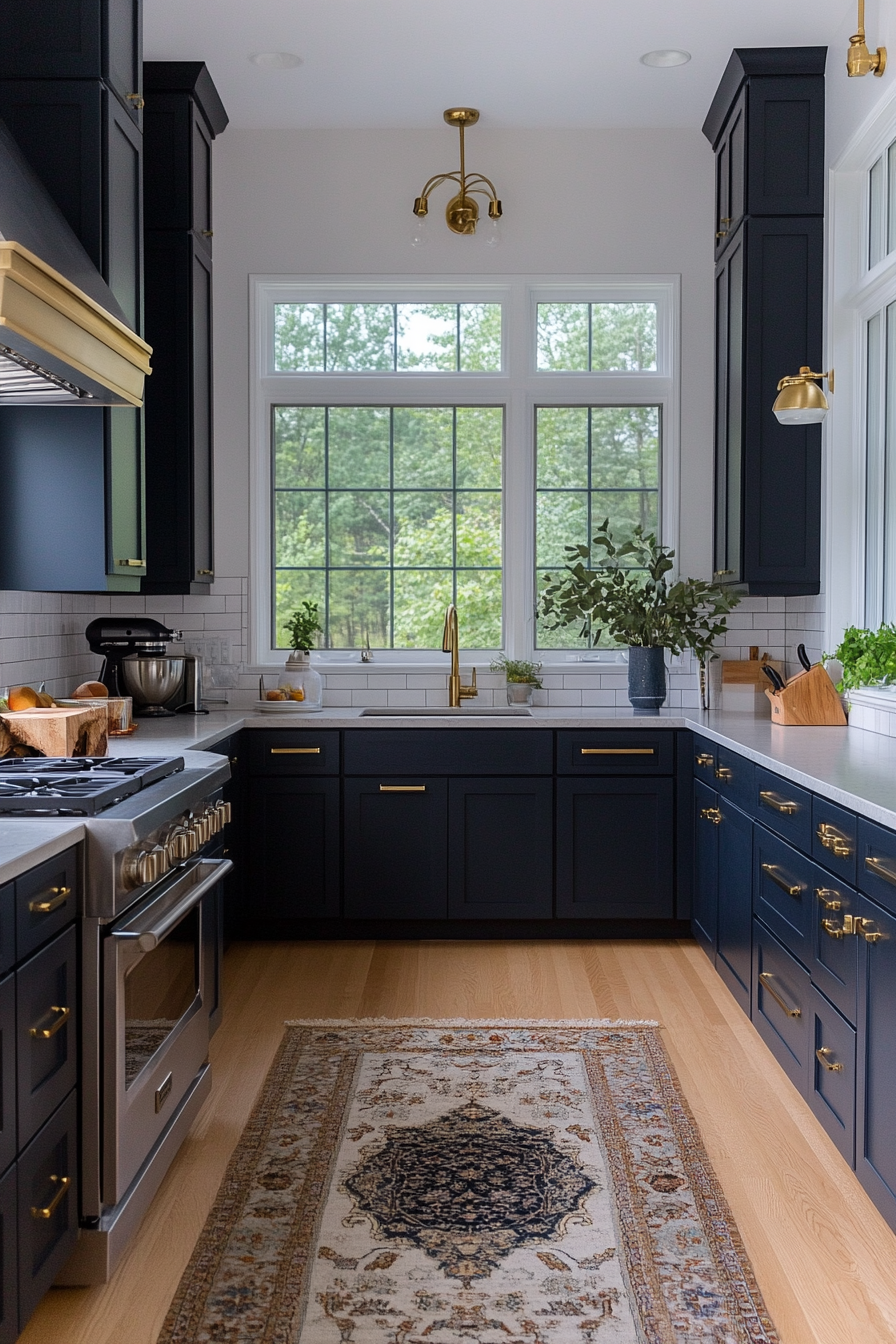 Two-tone blue cabinets with navy base cabinets and sky blue upper cabinets