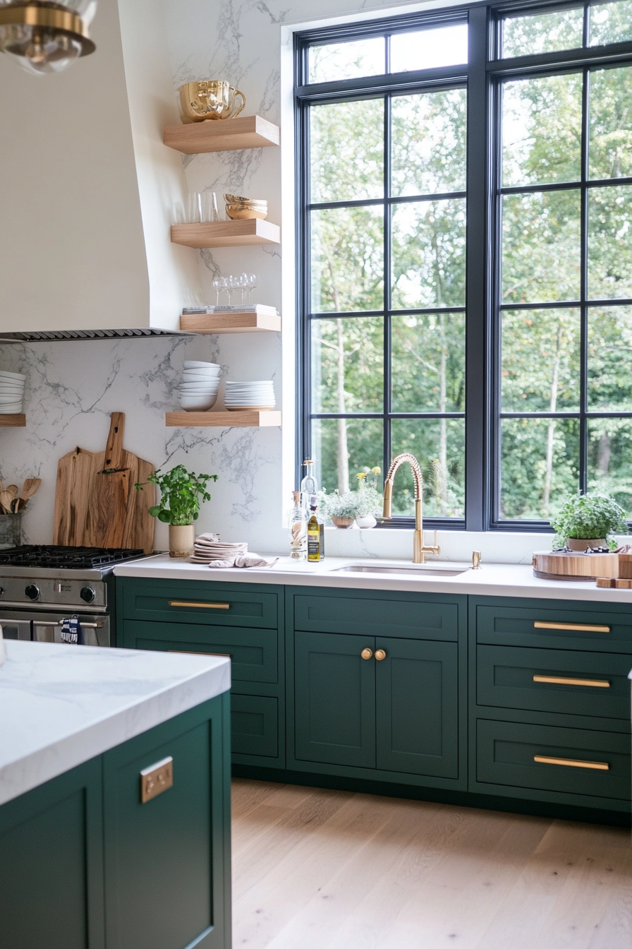 Teal cabinets with white countertops and a marble backsplash