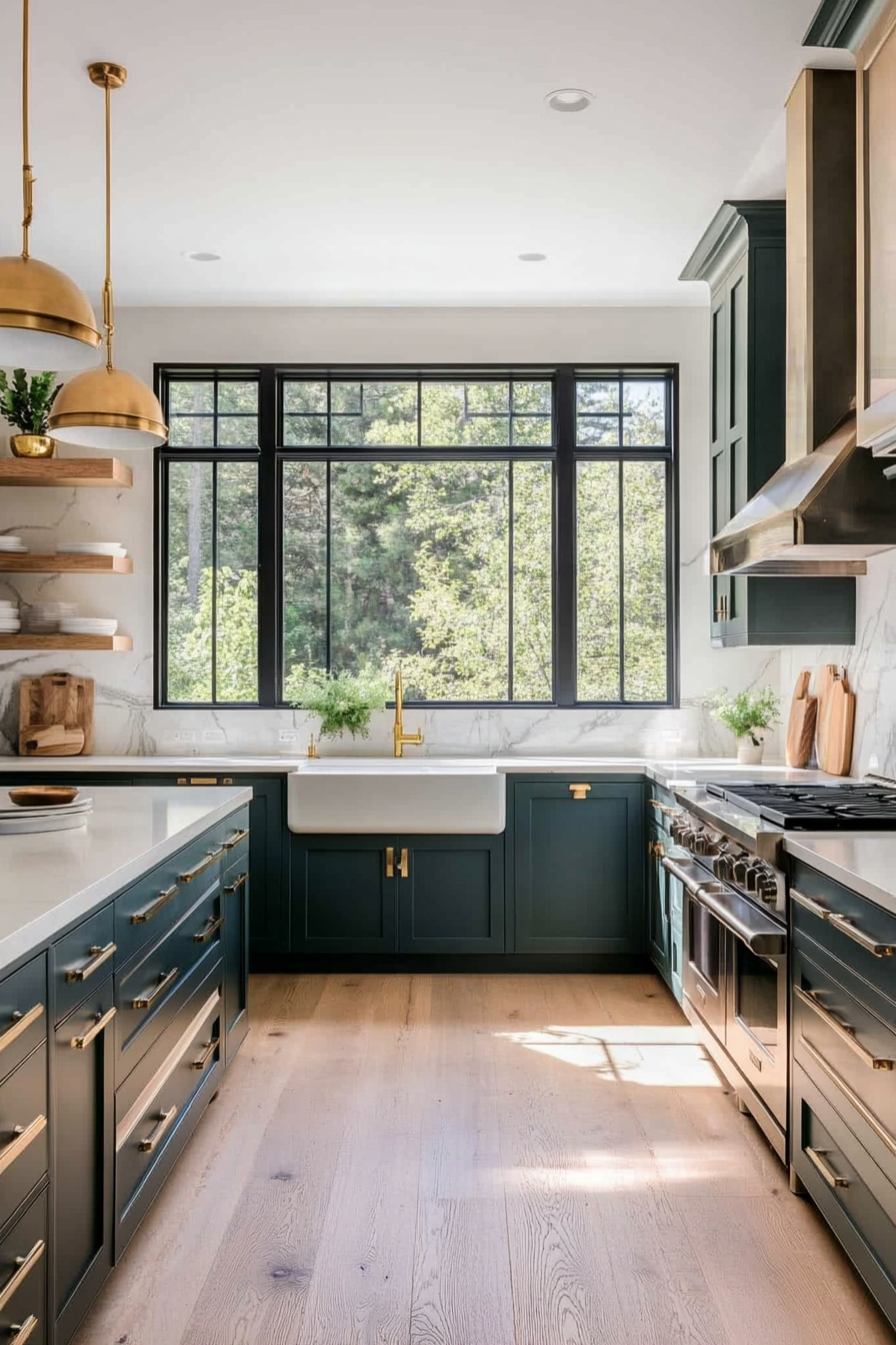 Teal cabinets with white countertops and a marble backsplash