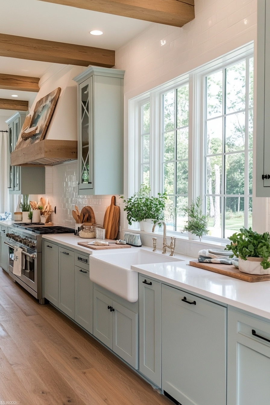 Seafoam blue cabinets with white countertops and a white backsplash