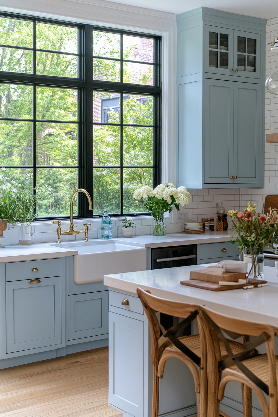 Powder blue cabinets with white countertops and a white subway tile backsplash