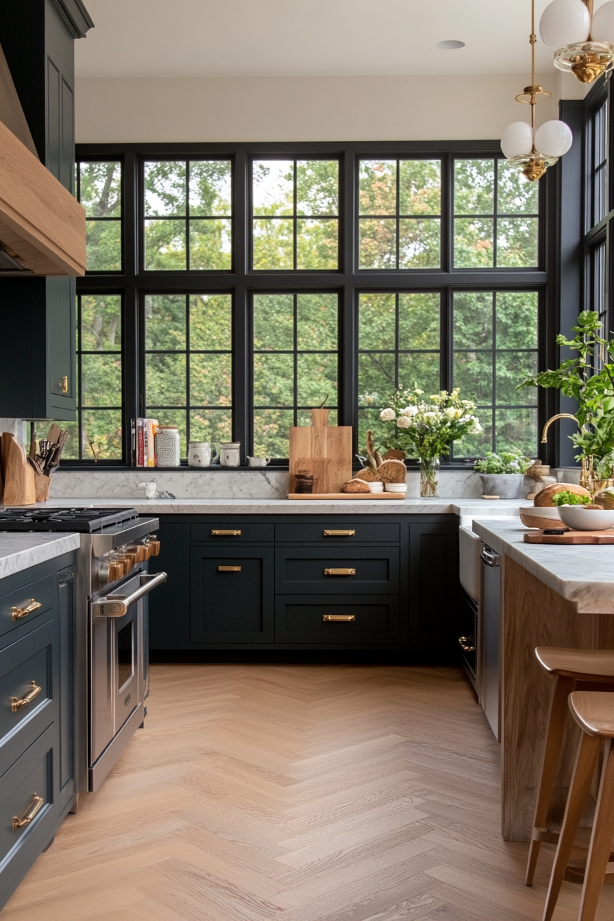 Slate blue cabinets with marble countertops and a herringbone tile backsplash