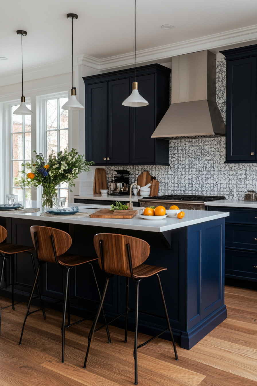 Royal blue cabinets with sleek chrome hardware and white countertops