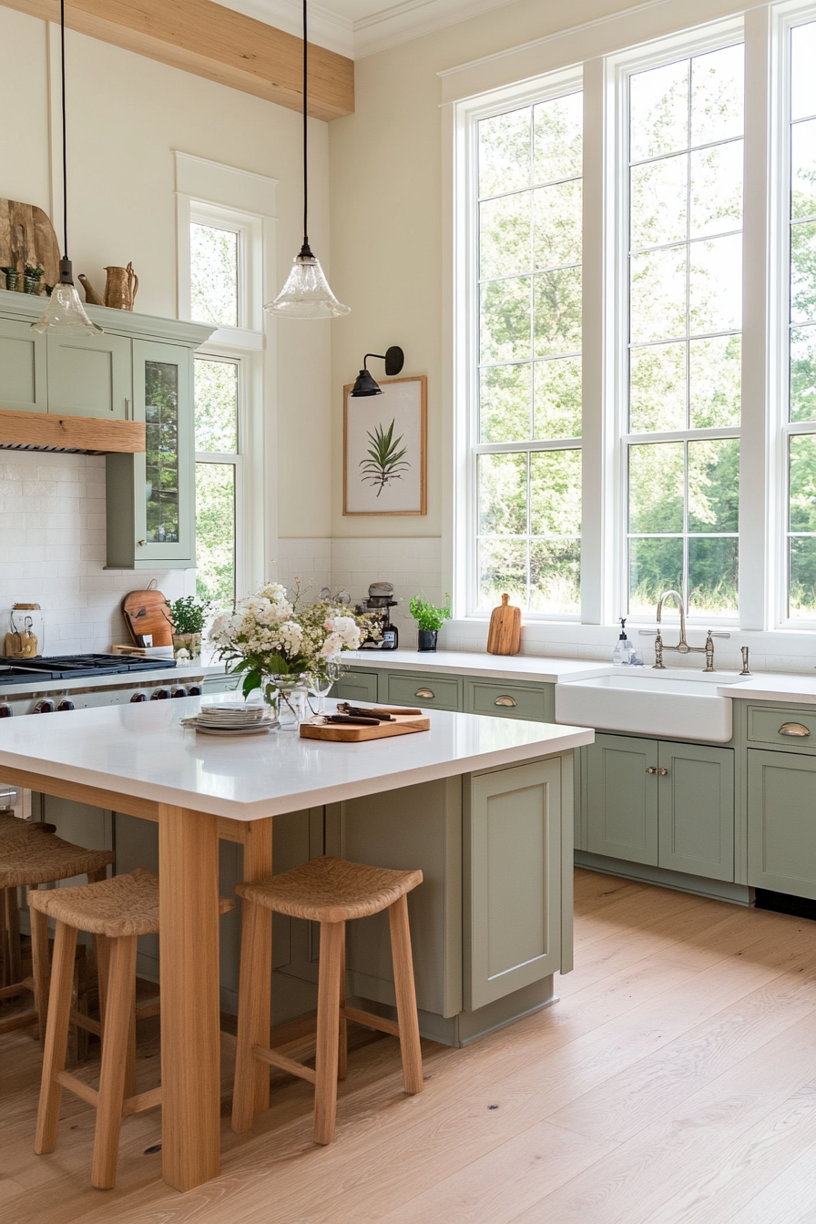 Seafoam blue cabinets with white countertops and a white backsplash