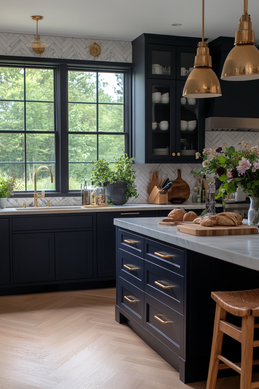 Slate blue cabinets with marble countertops and a <a href=