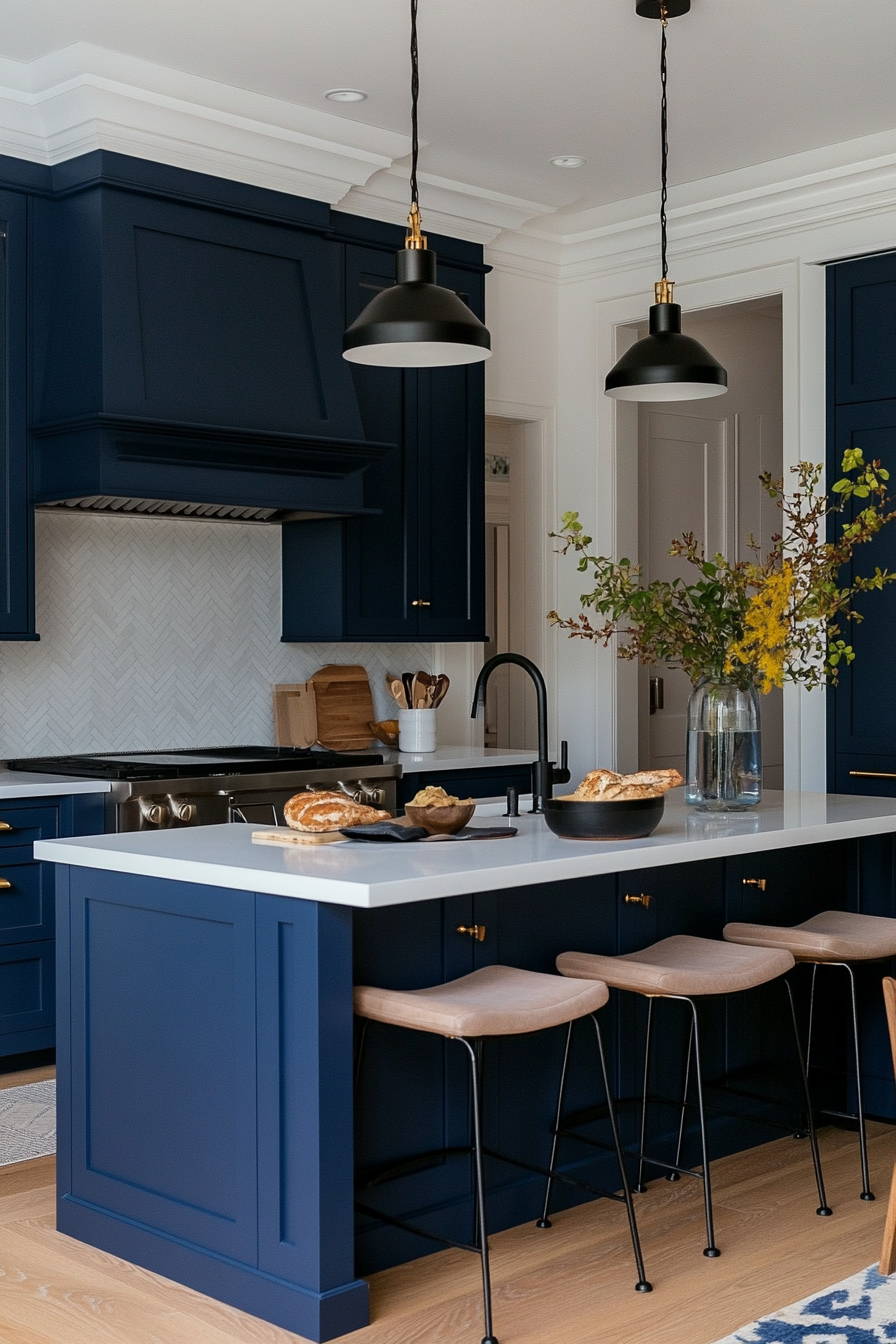 Royal blue cabinets with sleek chrome hardware and white countertops