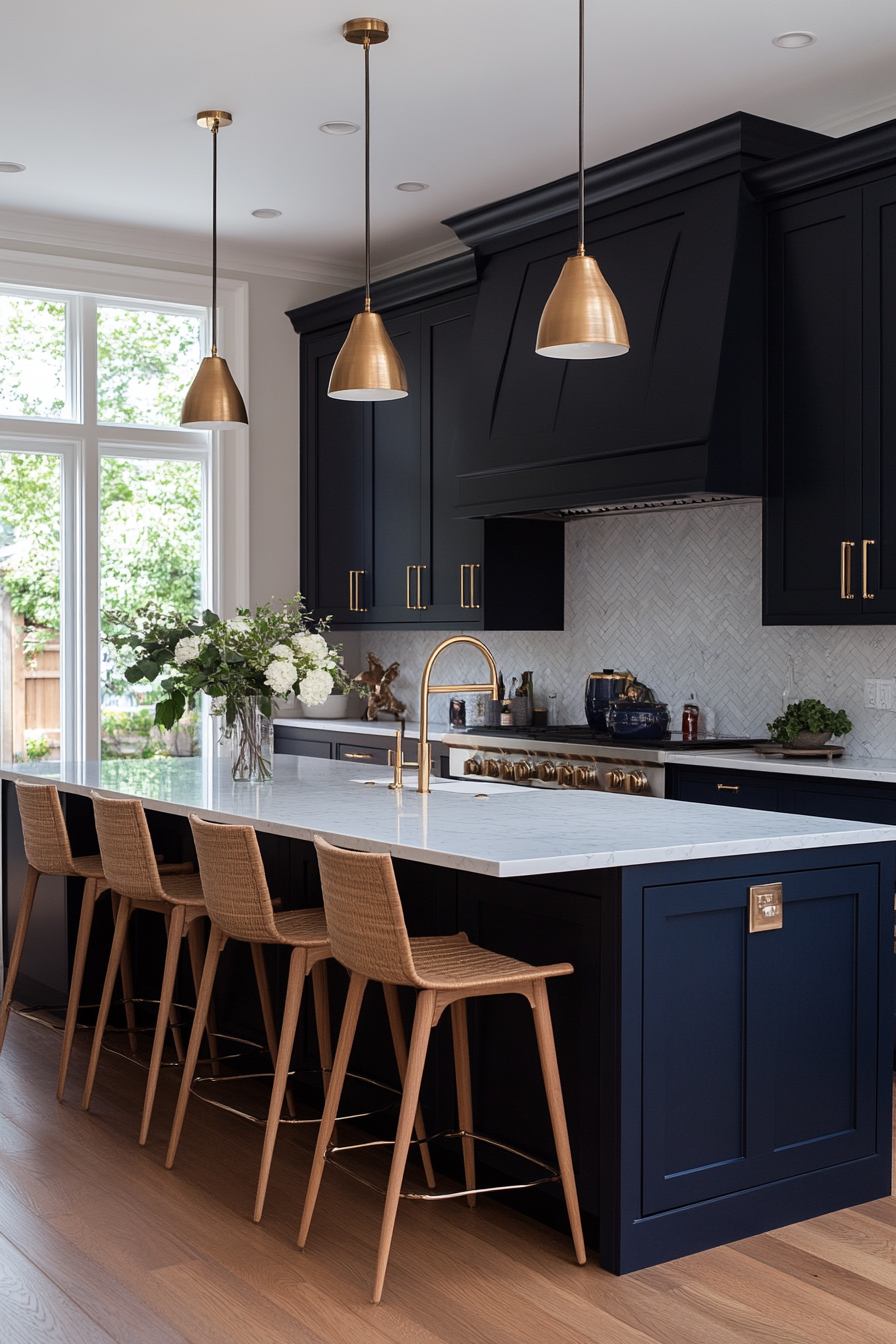 Sapphire blue cabinets with gold hardware and marble countertops