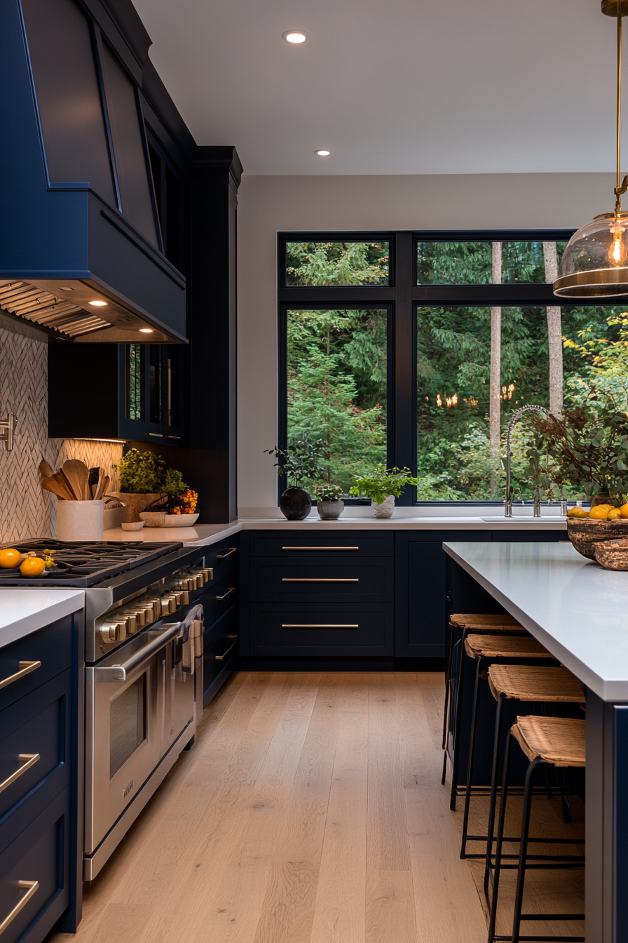 Cobalt blue cabinets with sleek chrome hardware and white countertops