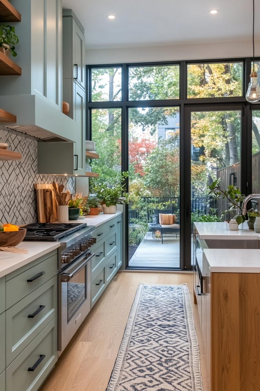 Mint blue cabinets with white countertops and a white backsplash