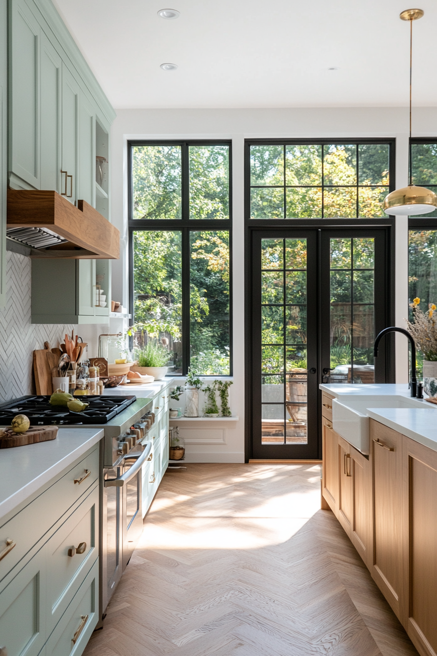 Mint blue cabinets with white countertops and a white backsplash