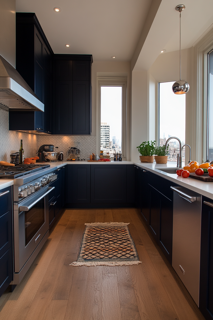 Cobalt blue cabinets with sleek chrome hardware and white countertops