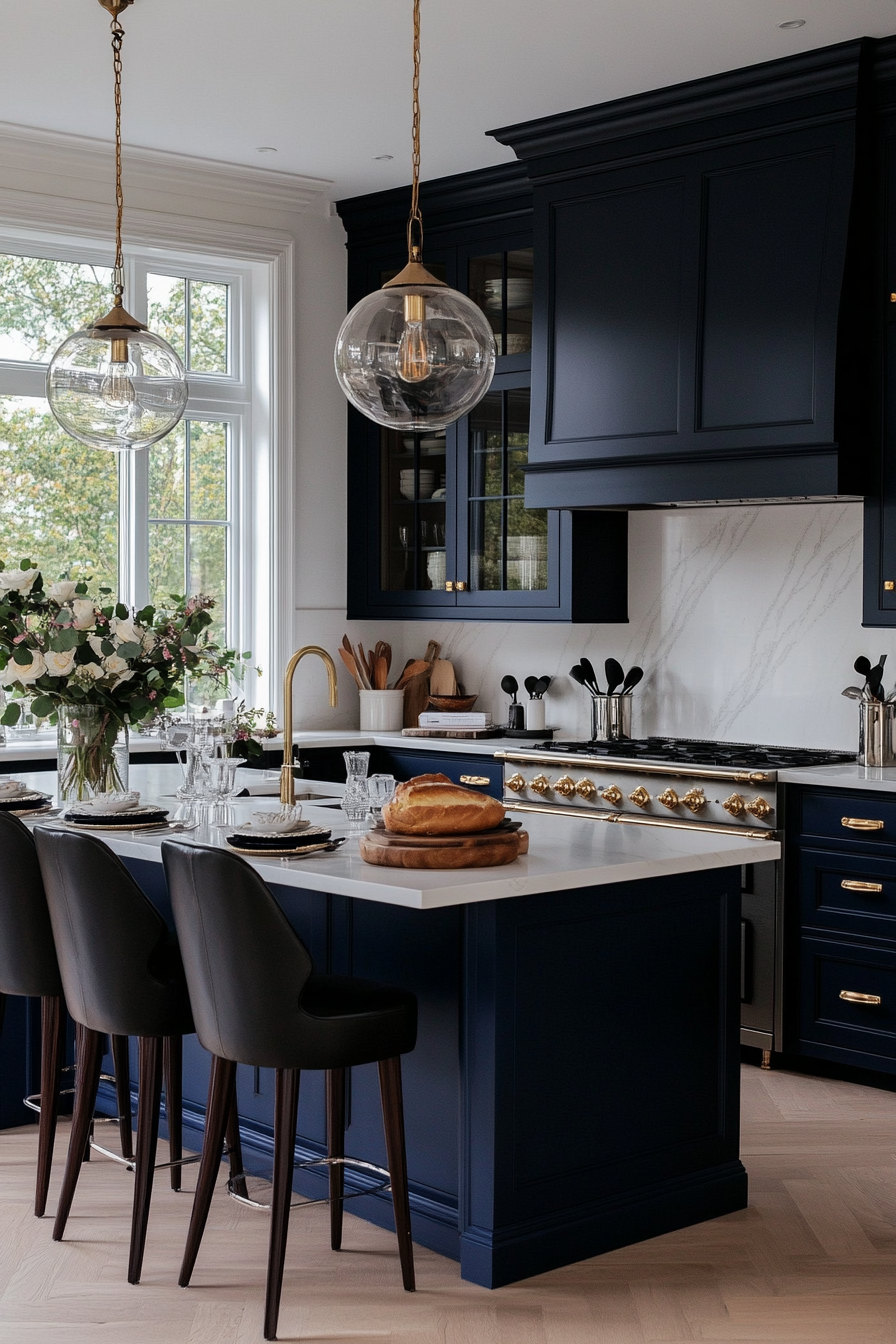 Sapphire blue cabinets with gold hardware and marble countertops