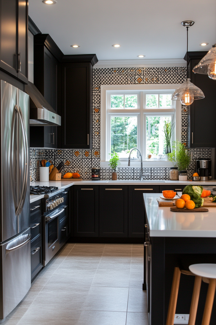 Turquoise blue cabinets with elegant chrome hardware and white countertops