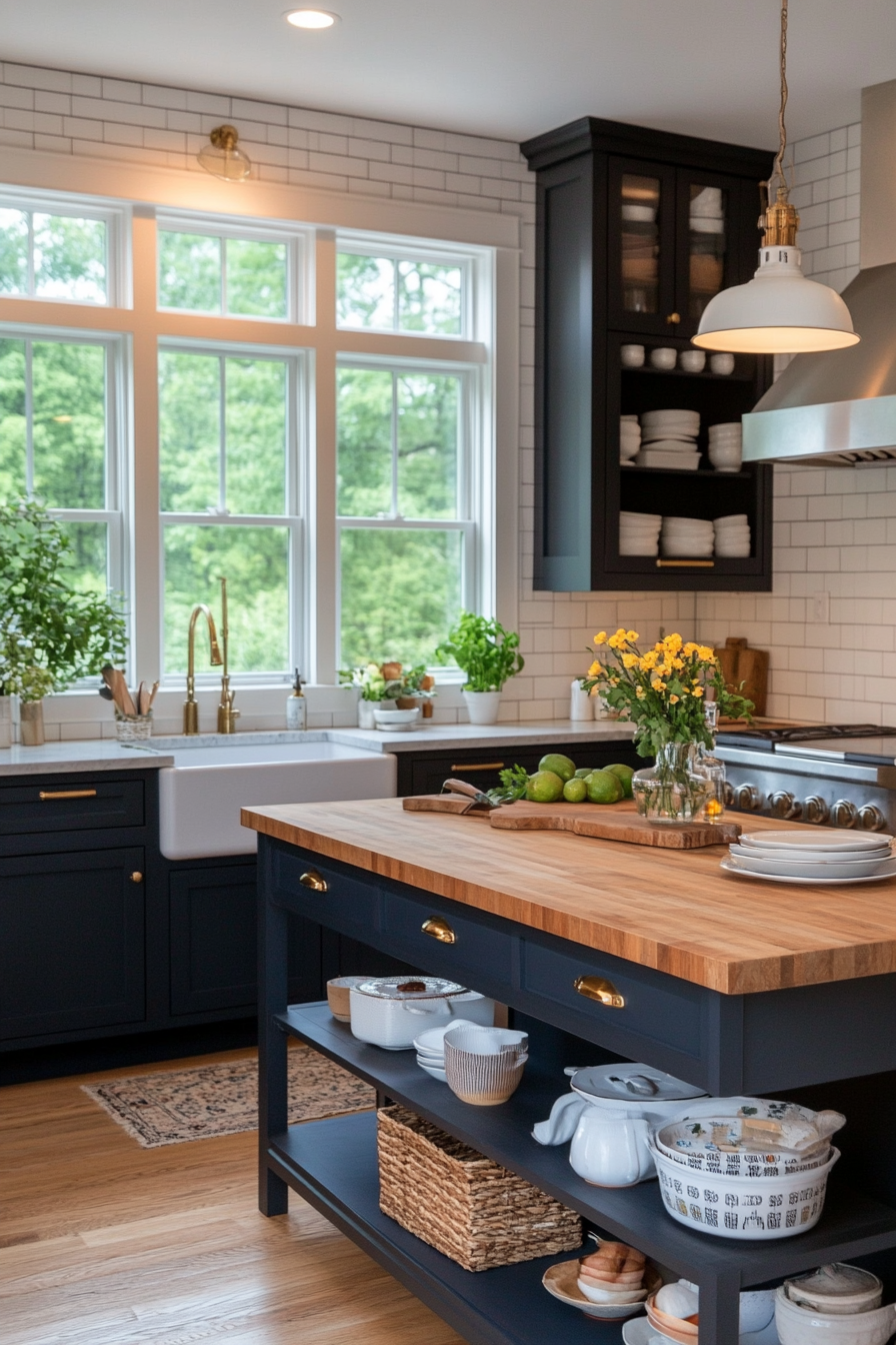 Denim blue cabinets with butcher block countertops and a white subway tile backsplash