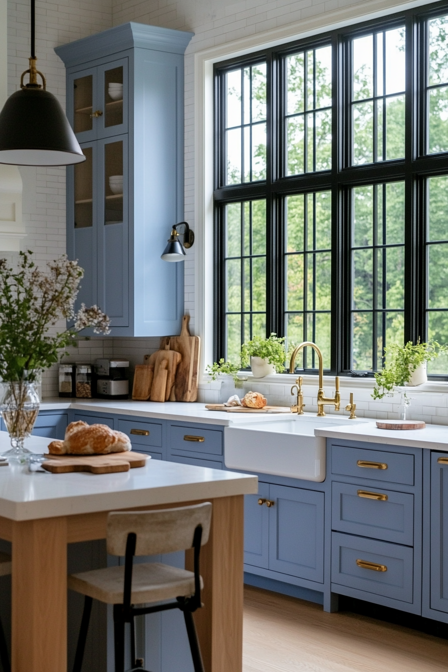 Periwinkle blue cabinets with white countertops and a white subway tile backsplash