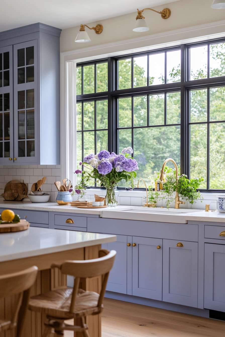 Periwinkle blue cabinets with white countertops and a white subway tile backsplash