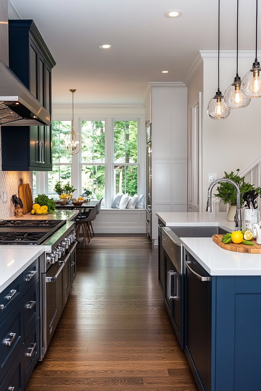 Turquoise blue cabinets with elegant chrome hardware and white countertops