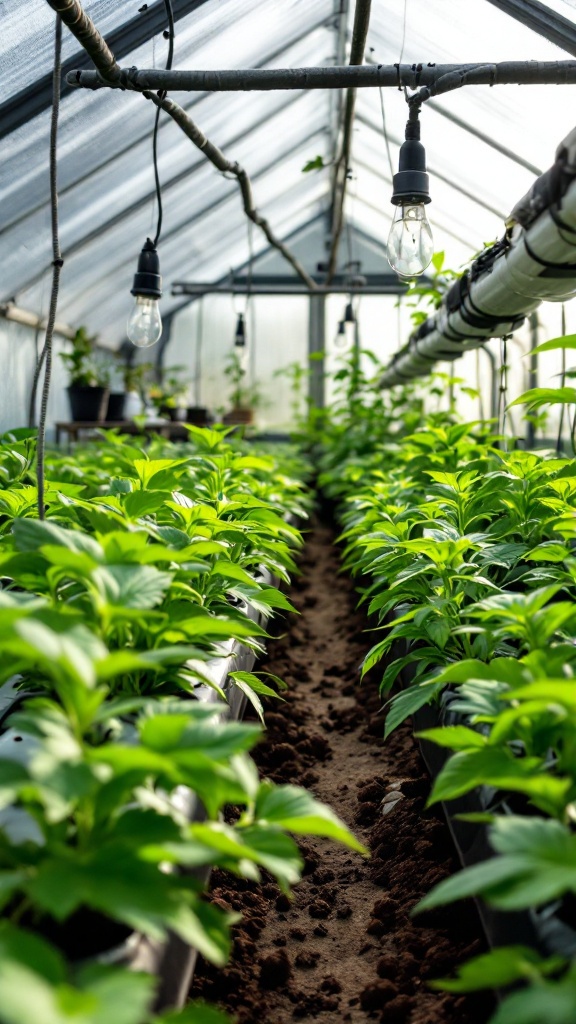 Green plants growing in a hydroponic system in a greenhouse.