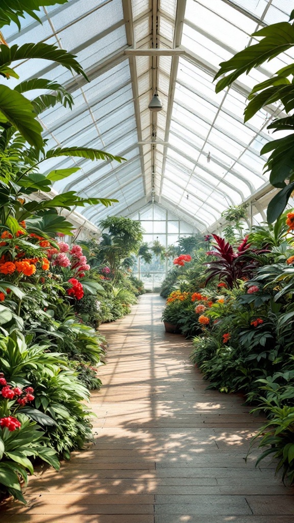 A beautifully designed greenhouse with a clear path surrounded by colorful flowers and lush greenery.