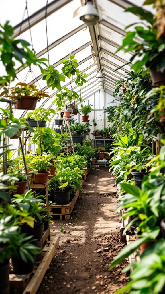 A living greenhouse full of various potted plants neatly arranged along the paths.