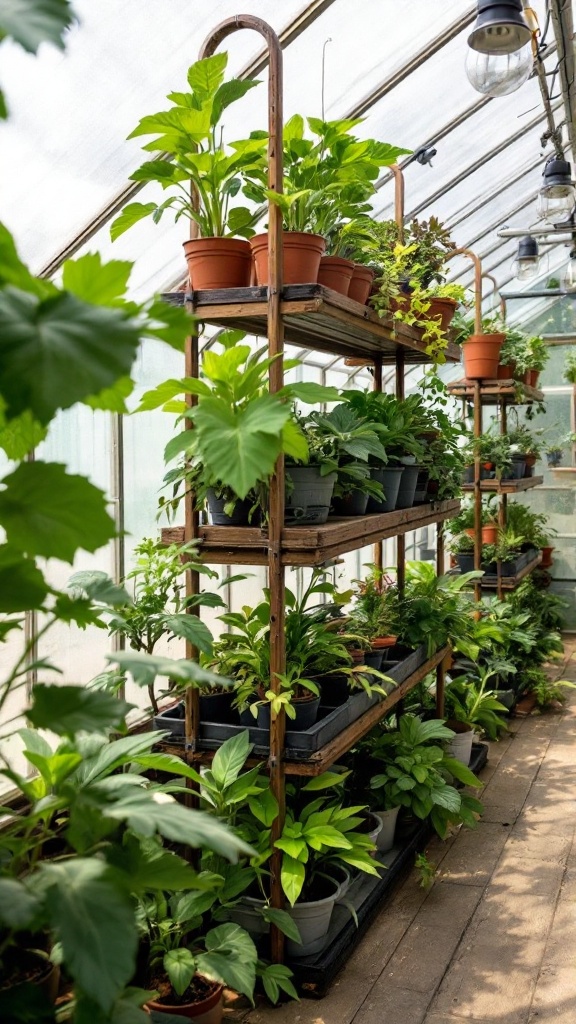 A greenhouse interior showing vertical gardening with multiple shelves of potted plants.