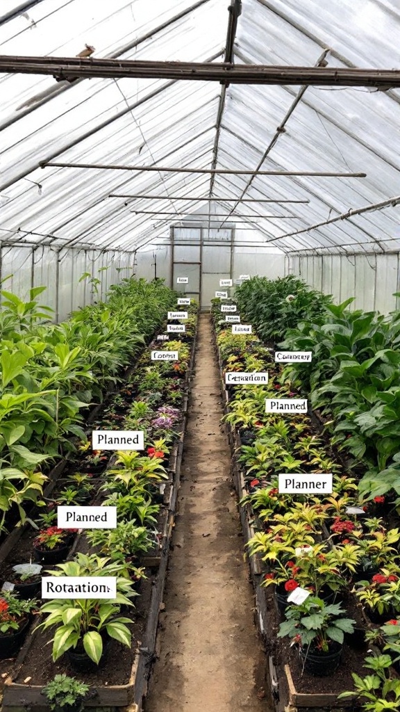 A greenhouse with labeled sections for plant rotation, with different plants arranged along paths.