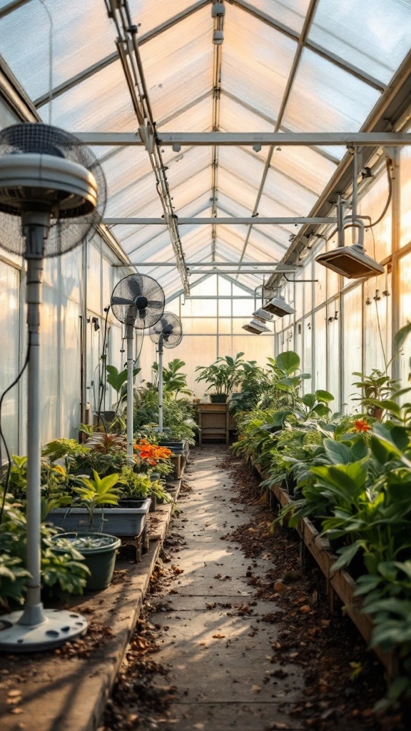 A greenhouse interior with various plants, fans and heating elements.