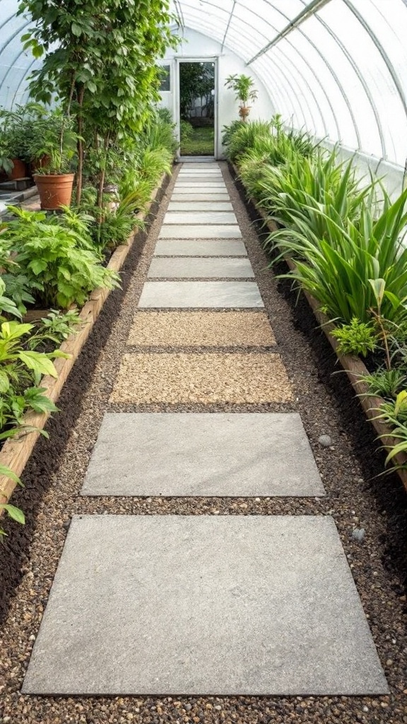 A path made of large stone slabs and gravel surrounded by greenery in a greenhouse.