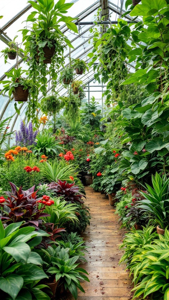 A living greenhouse full of various plants including flowers and greenery.