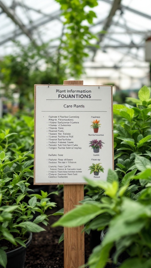 A sign with information about plant care in a garden