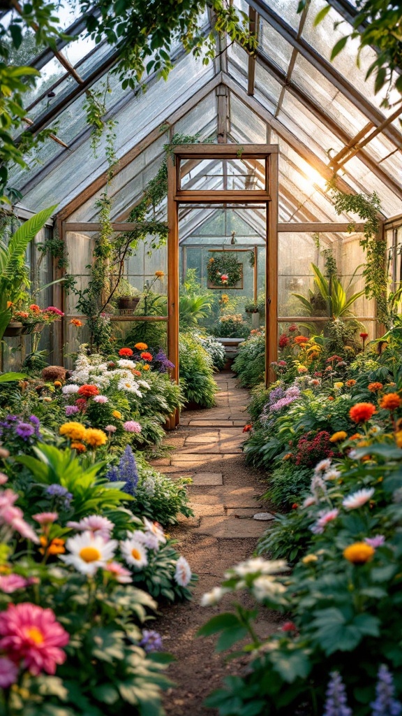 A lush greenhouse full of colorful flowers and plants with sunlight streaming in through the glass roof.