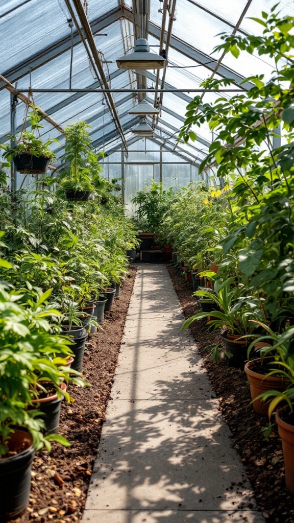 A well-kept greenhouse with various plants in pots and a clear path.