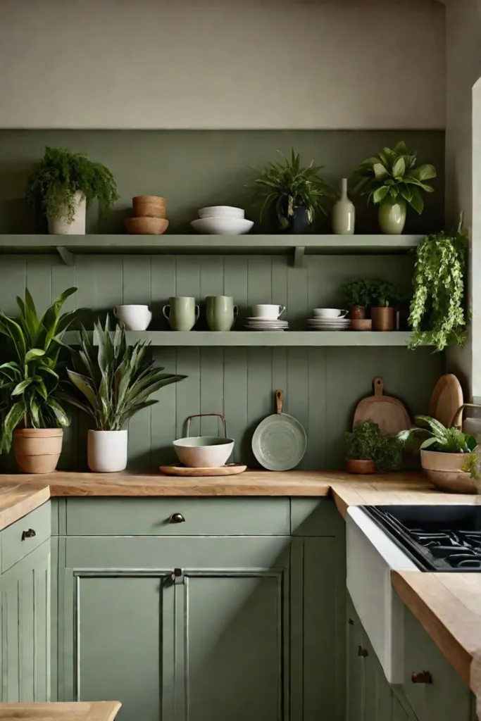 Calm kitchen with sage green cabinets and open shelving