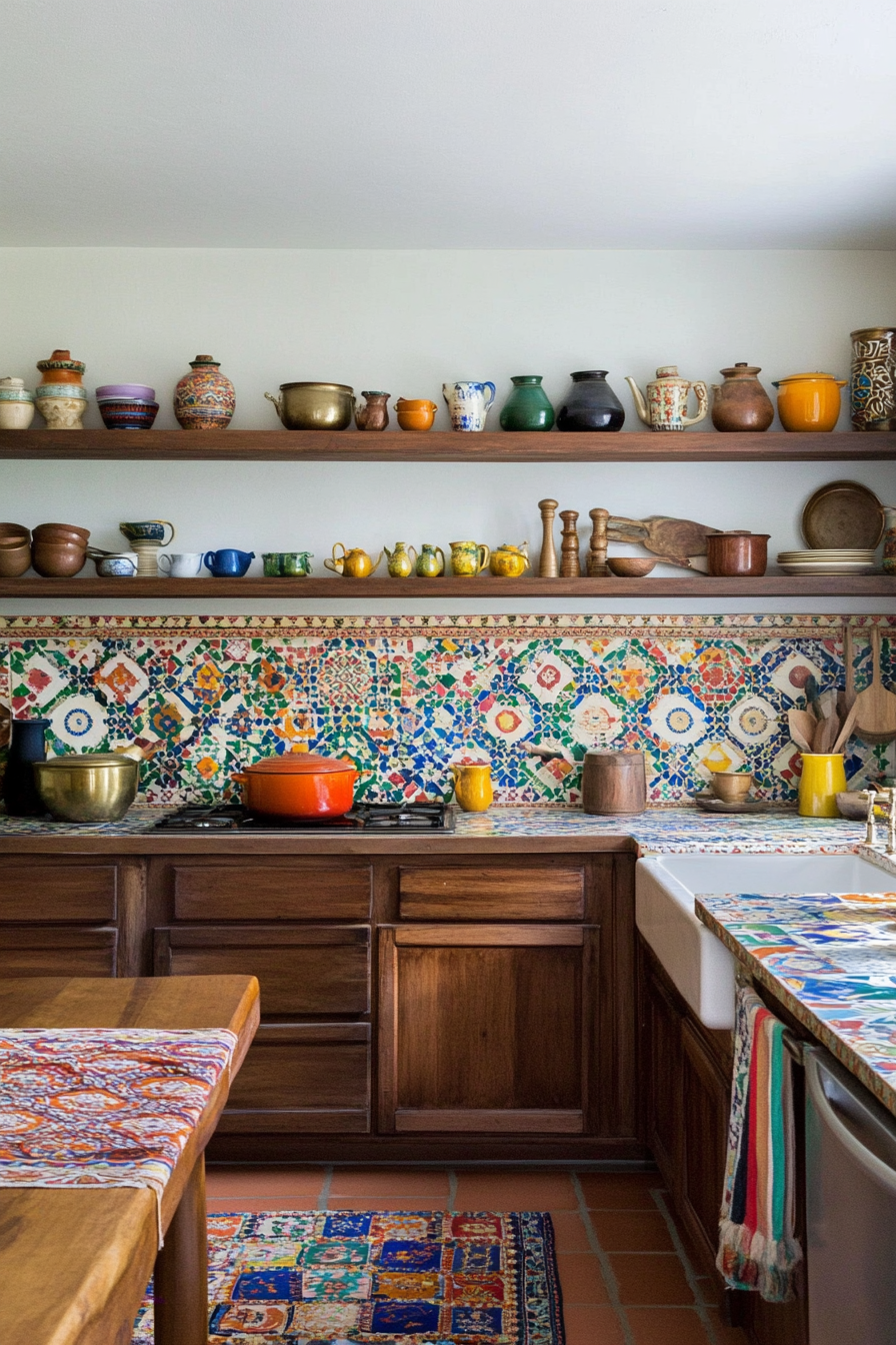 Brass pots and handmade ceramic bowls in Persian cuisine