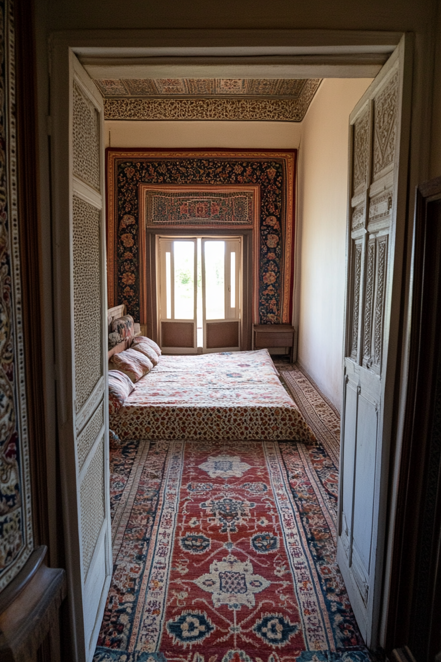 Carved wooden furniture in Persian bedroom