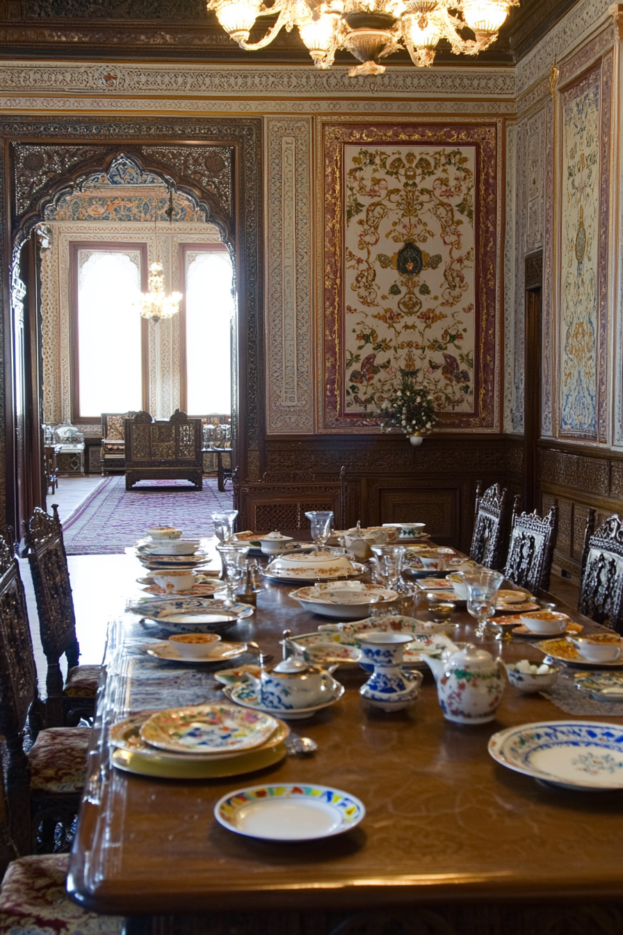 Hand-painted plates and ornate silver cutlery on Persian dining table